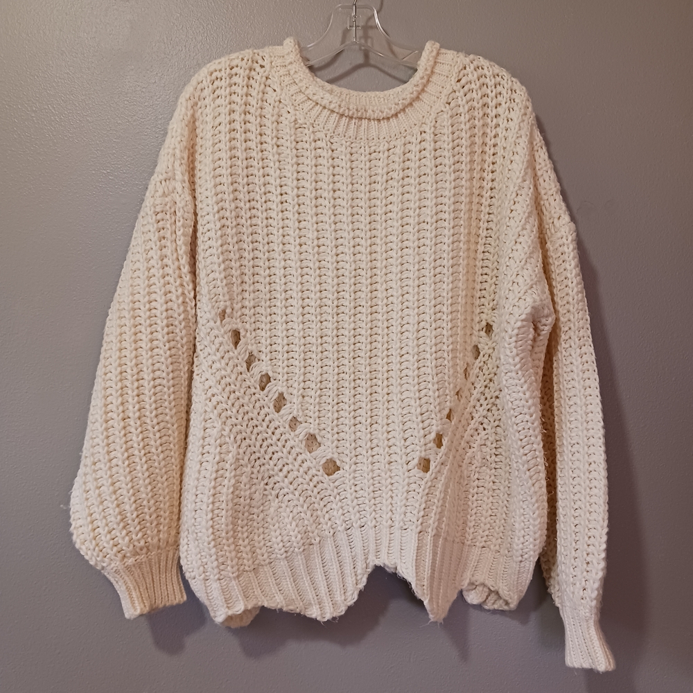 Bluivy Cozy Cream Chunky Knit Sweater Distressed Hem Balloon Sleeve Med Large